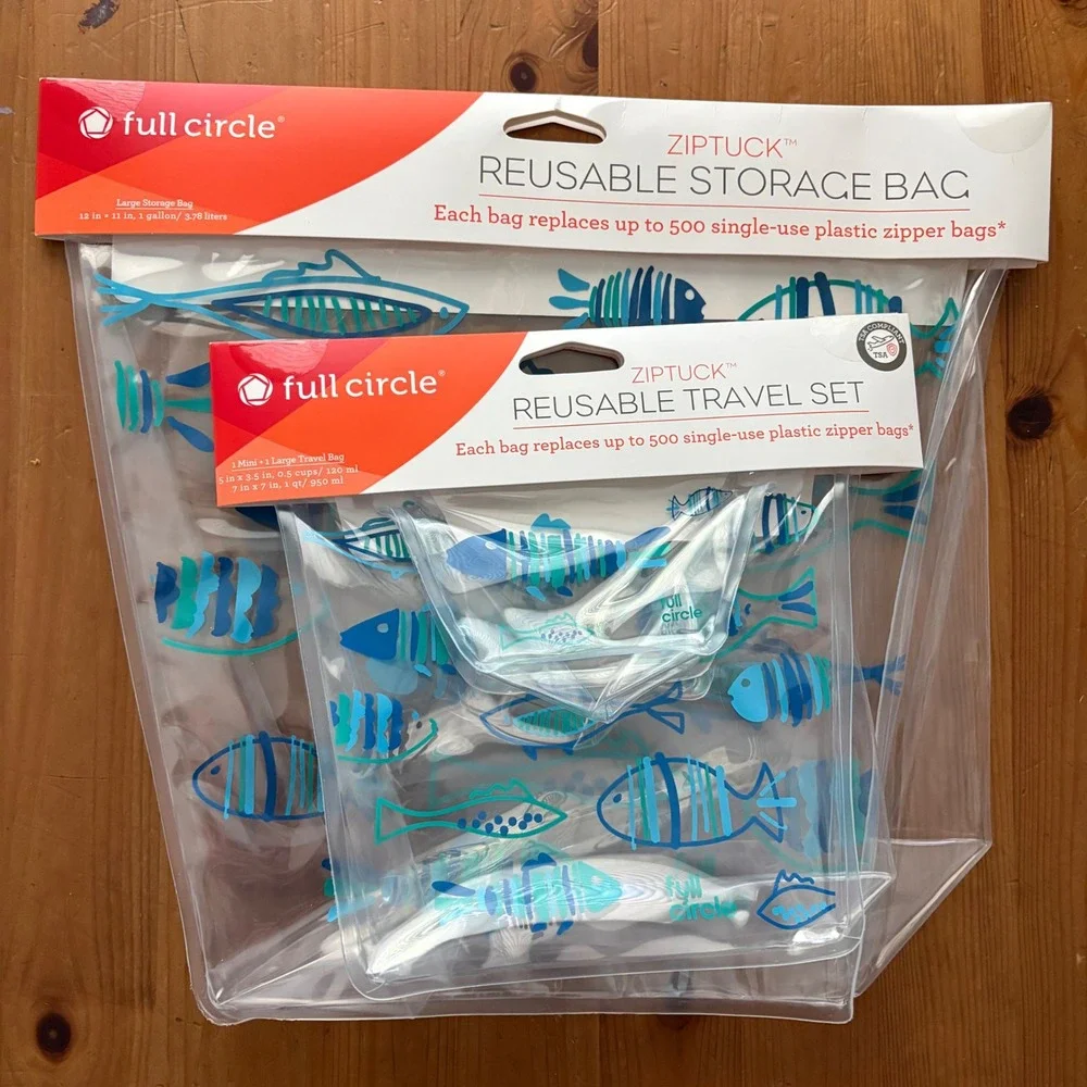 Full Circle Ziptuck Reusable Storage Bag Set 3pc Blue Fish BPA Free Clear
